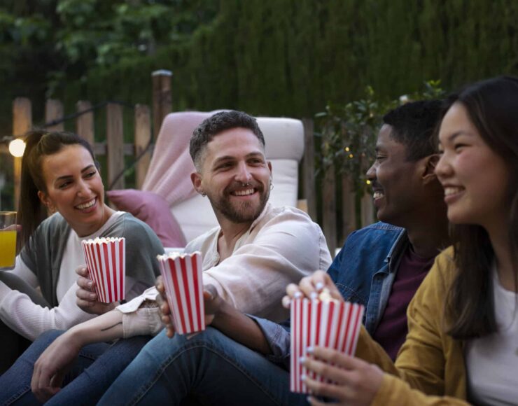 Des personnes en train de rire et manger du pop corn pour illustrer l'Association Les Ecrans soutenu par Blue Soft dans le cadre du Projet Indigo